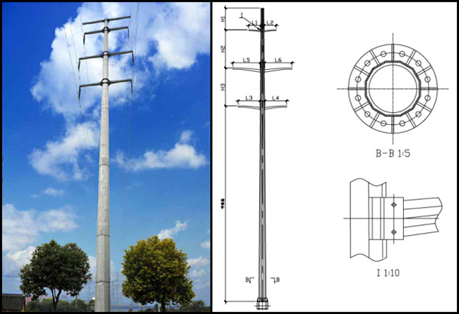 pequeña altura 66kv poste para uso general de acero de los 30ft para la línea de transmisión de poder con los brazos dobles 2