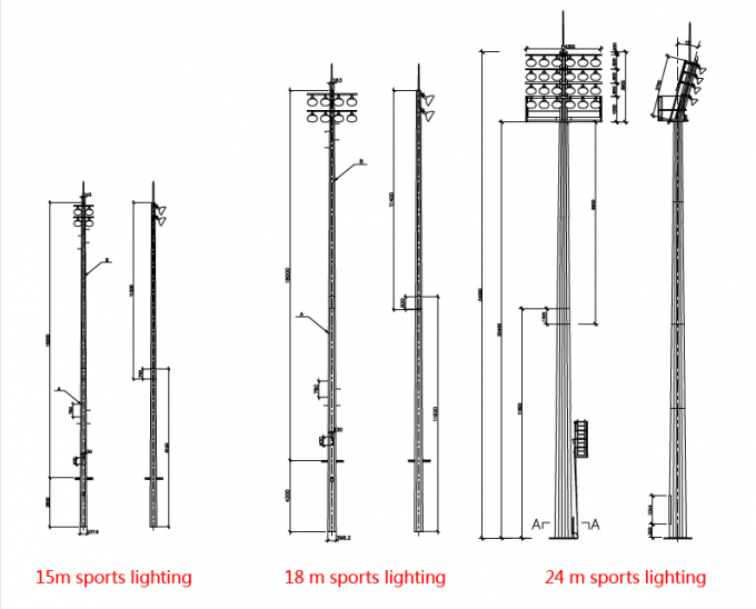 Iluminación modificada para requisitos particulares poste de la torre del palo del fútbol poligonal del estadio de los 50m alta para el estadio de fútbol con 40 luces 2