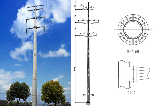 11 kilovoltios Insolutors postes para uso general de acero, distribución de poder galvanizada de la inmersión caliente poste 0